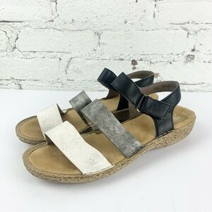 Rieker Regina Contrast Floral Metallic Ankle Heel Strap Sandals 42